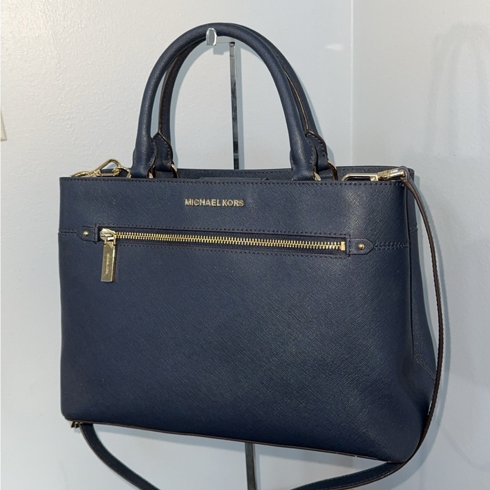 MICHAEL KORS Handbag Crossgrain Leather Navy Large Crossbody Satchel AUTHENTIC - Picture 2 of 12